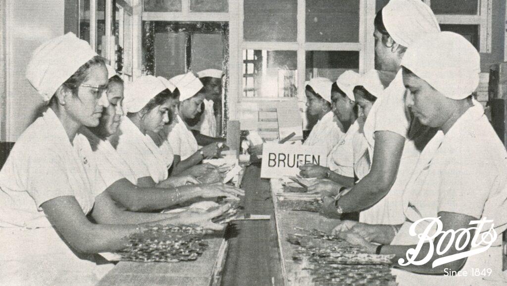 Ibuprofen: A discovery of global significance 10 'Operation Brufen' Boots (India) employees packaging locally manufactured Brufen, 1974