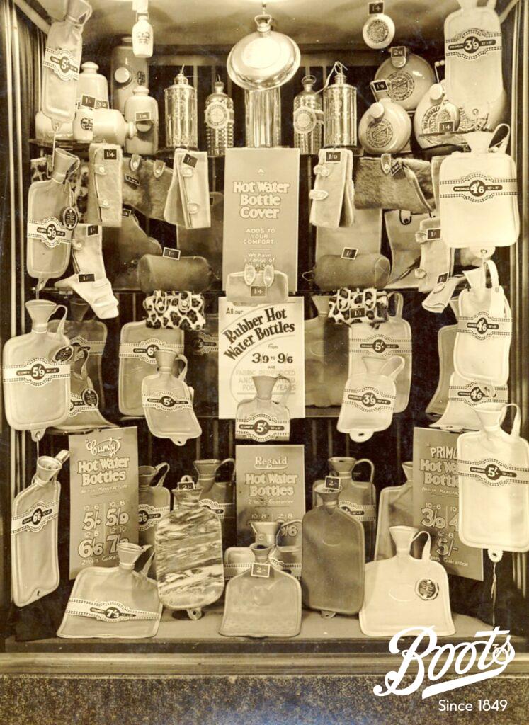 Puncturing the rubber romance 1 Boots hot water bottles store window display, c1930.