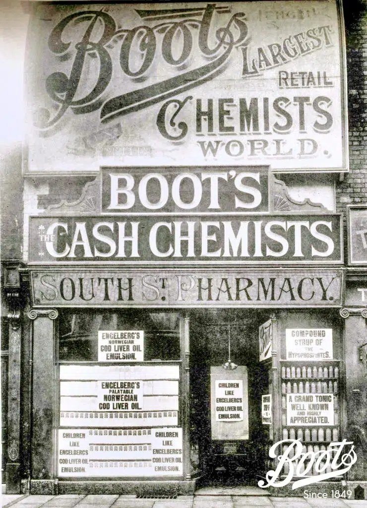 Sheffield shop exterior with several window signs featuring 'Engelberg's Norwegian Cod Liver Oil', 1896.