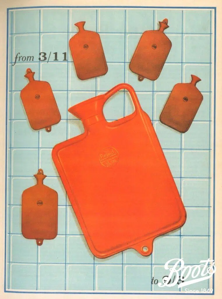 Boots' Merchandise Bulletin promotion for the 1926 "hot water bottle" season, showcasing the "Primus", "Cumfy", and "Regaid" red rubber bottles.