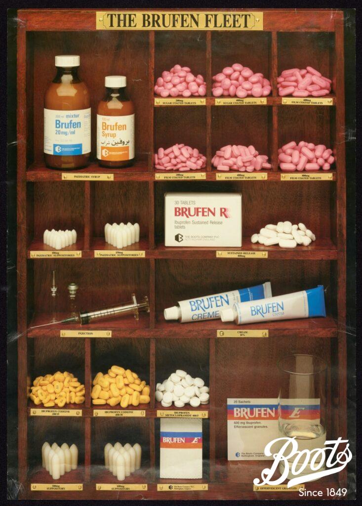 Ibuprofen: A discovery of global significance 5 'The Brufen Fleet' showcasing Brufen products produced and sold by Boots, c1986.
