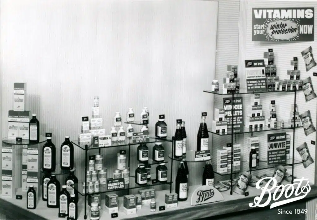 'Vitamins: start your winter protection now' display, c1950s