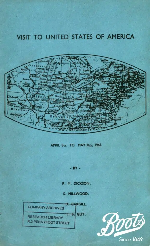 The front page of the 1962 American visit report. This is representative of the format and presentation-style adopted by Boots staff for their American visits.