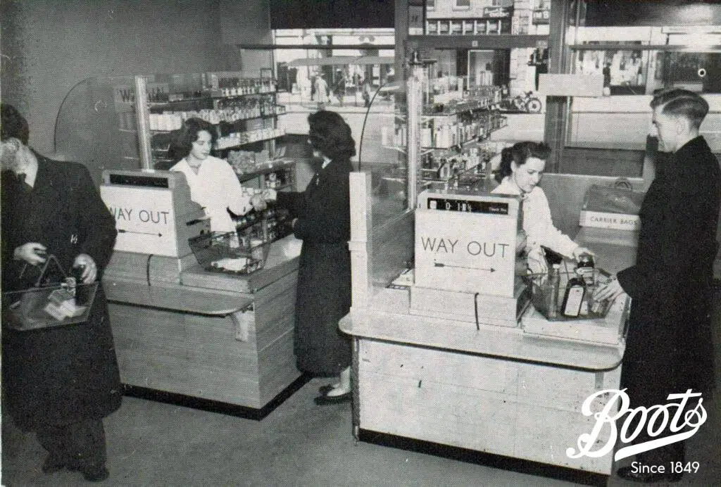 Retail Chemist (April 1951) The check-out counters of Boots' experimental self-service store at Burnt Oak, Edgware, London. The store opened in March 1951 and closed four years later. The information gathered from this experiment greatly enhanced Boots' education and experience with self-service systems.