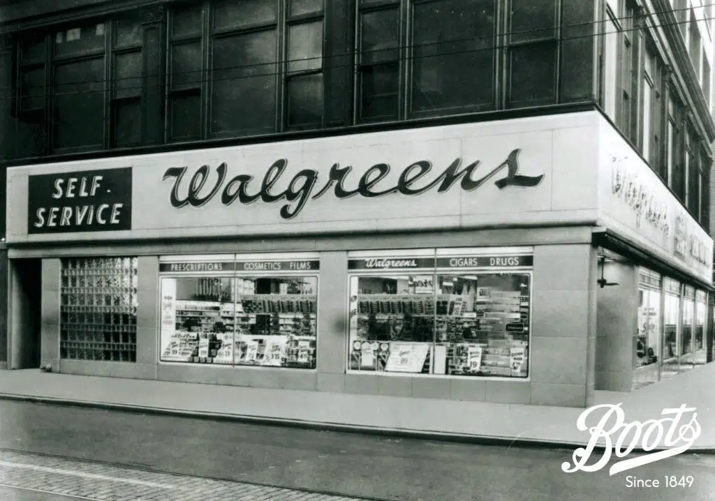 The exterior of a Walgreens store in Cincinnati, Ohio c.1957. The image was taken on one of Boots' research visits and demonstrates the type of store company representatives were sent to observe and scrutinise. The 'self-service' element of the shop is clearly visible from the signage, however Boots' managerial staff would have noted a range of techniques and sales ideas including window displays and lighting.